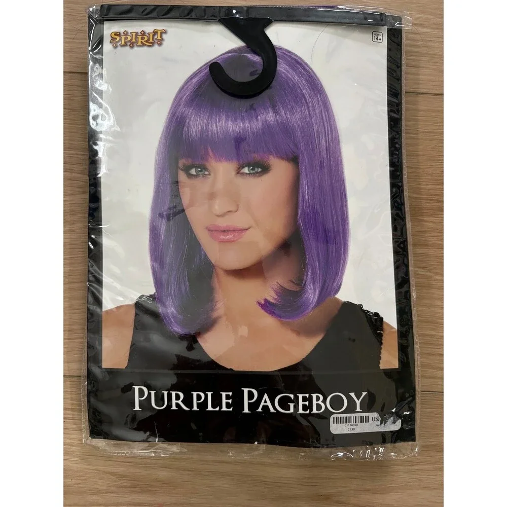 Spirit Halloween Purple Pageboy Wig With Bangs Short Bob Neon Violet Cosplay